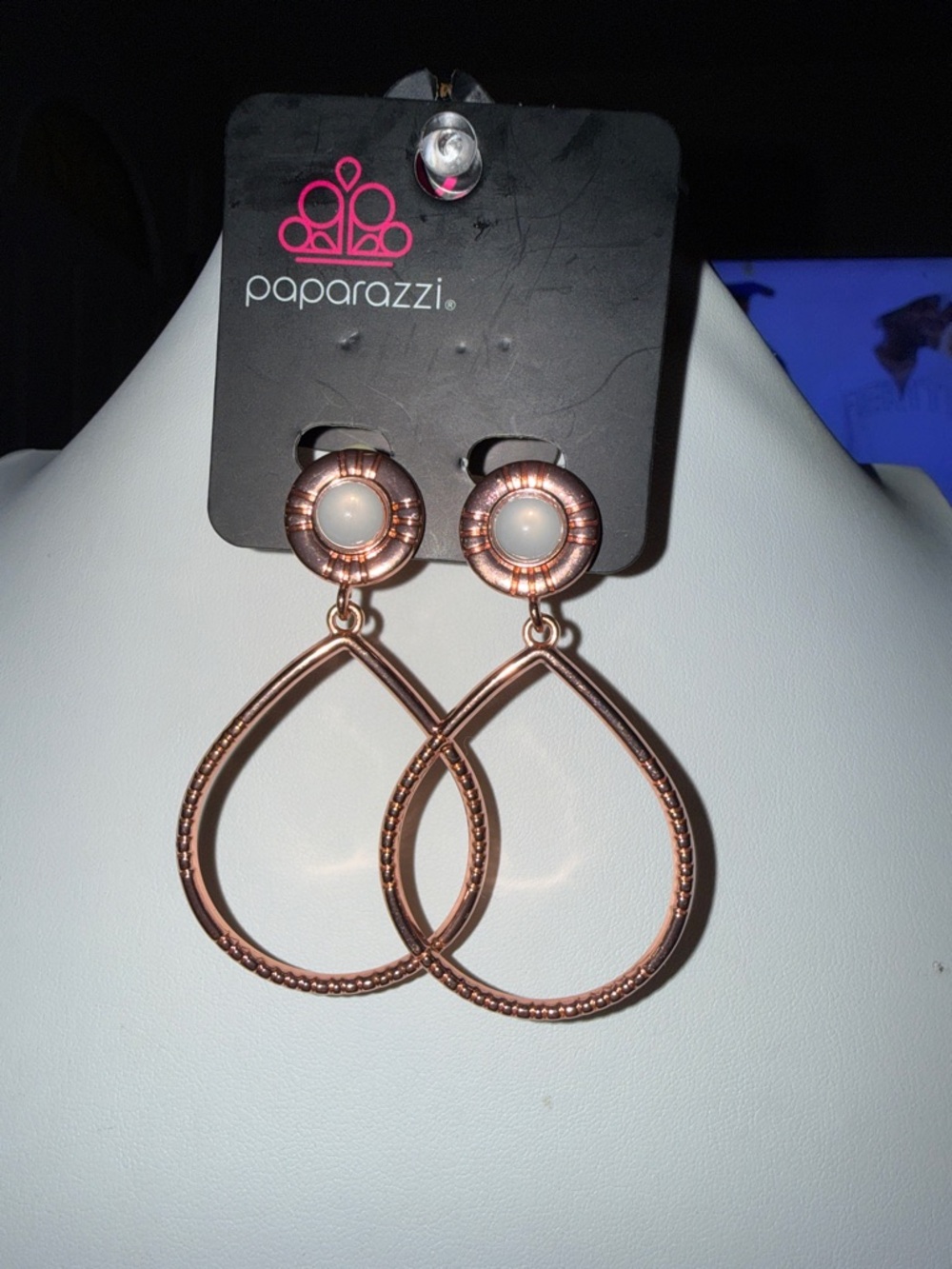 Paparazzi Rose Gold Teardrop Dangle Earrings with White Accent/ clip ons